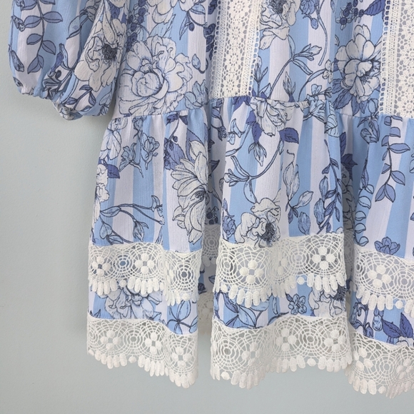 NWT New York & Company Blue & White Floral Print Babydoll Long Sleeve Dress - Picture 10 of 14